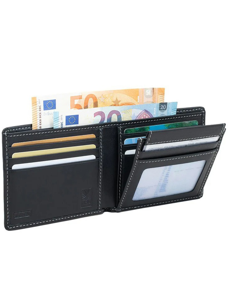 Billetera tipo americana para hombre, con departamentoBilletera tipo americana negro de hombre. Pielnoble PE320 Medidas: 11 cm de ancho por 9 cm de alto. Materiales: Piel de vacuno. Rejilla transparente de poliéster. Funda protectora de plástico. Características: Formato americano. Cierre en forma de libro. Un departamento desplegable. Contiene: Dos departamentos para billetes de 20.5 x 8.5 cm. Siete departamentos para tarjetas de crédito. Una funda protectora transparente, extraíble, para documento de identidad. Un departamento con rejilla transparente para documento de identidad o tarjetas de crédito, de 9 cm de ancho x 7.5 cm de alto. Un departamento con rejilla transparente para guardar fotos, documentos, una tarjeta, de 9.5 cm de ancho por 8 cm de alto. Dos departamentos porta-papeles. Marca de la casa grabada en silicona. Protector RFIDs para tarjetas, Pielnoble Luxe PL338, fabricación Nacional, piel de becerro, protegido contra RFDI
